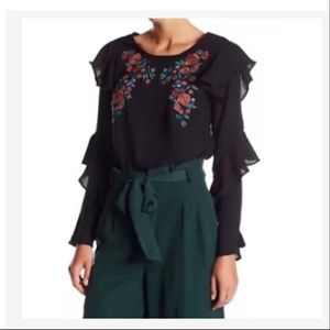 Whyte eyelash black ruffle sleeve embroidered top